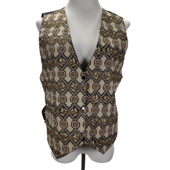 Vintage 90s Ana Mori Boho Beaded Vest Size L/XL Geometric Cotton Cinch Back - Picture 1 of 8